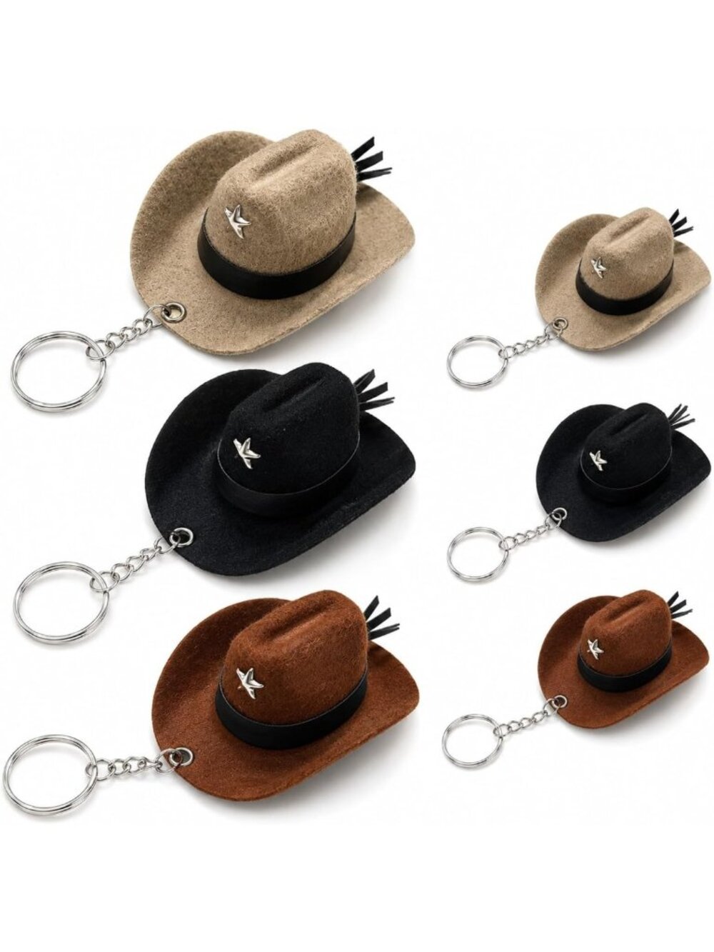 Mini Cowboy Hat Keychain Set - 6 PCS Western Style Tassel Key Rings for Bags